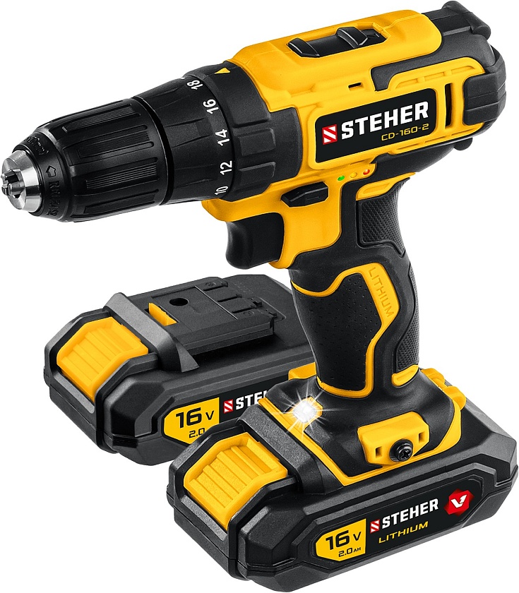 Дрель-шуруповерт STEHER 16 В, 35 Н·м, 2 АКБ (2 А·ч), кейс (CD-160-2)
